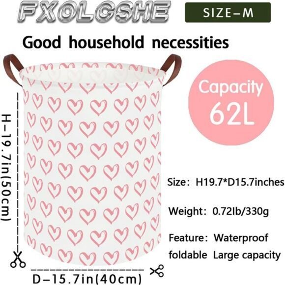 Pink heart laundry hamper basket toy organizer baby nursery storage bin 19x16 - Picture 3 of 8